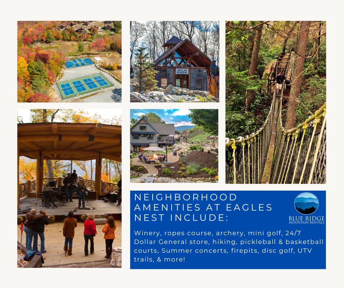 This lively image features an outdoor ropes course, an archery area, a mini golf course, a firepit stage, and comfortable outdoor seating. The scene captures people engaging in activities like hiking, playing mini golf, attending summer concerts, and relaxing by the firepit. The overall atmosphere is adventurous and community-oriented.